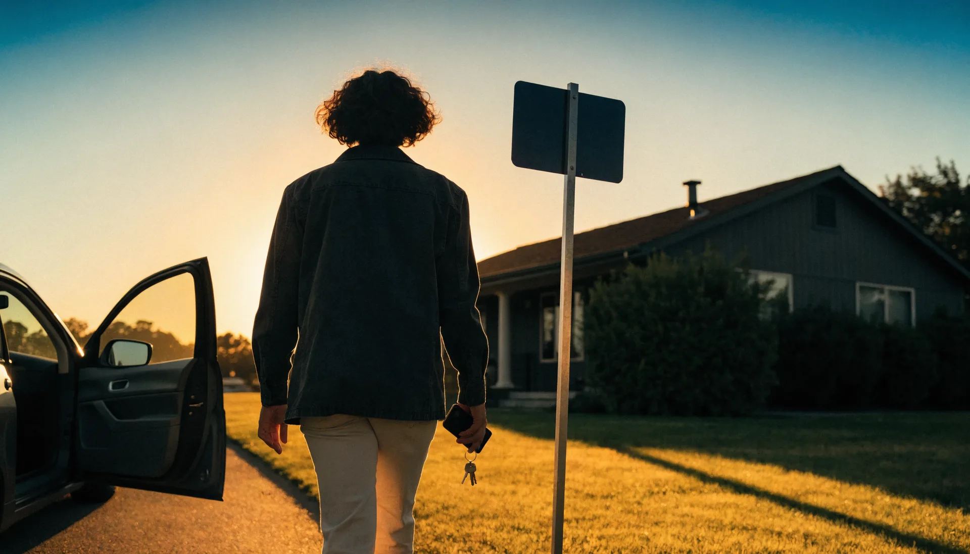 An agent seen from behind at golden hour, car door open beside a blank yard sign under an amber sky.