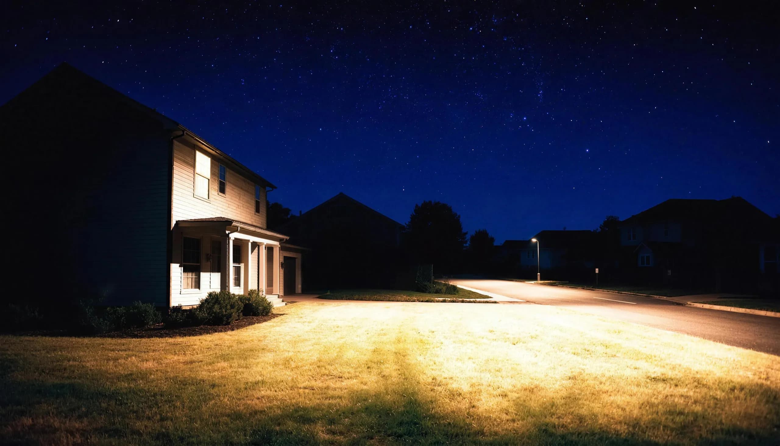 A house under a starry night sky with one upstairs window lit, warm lamplight spilling onto the lawn.