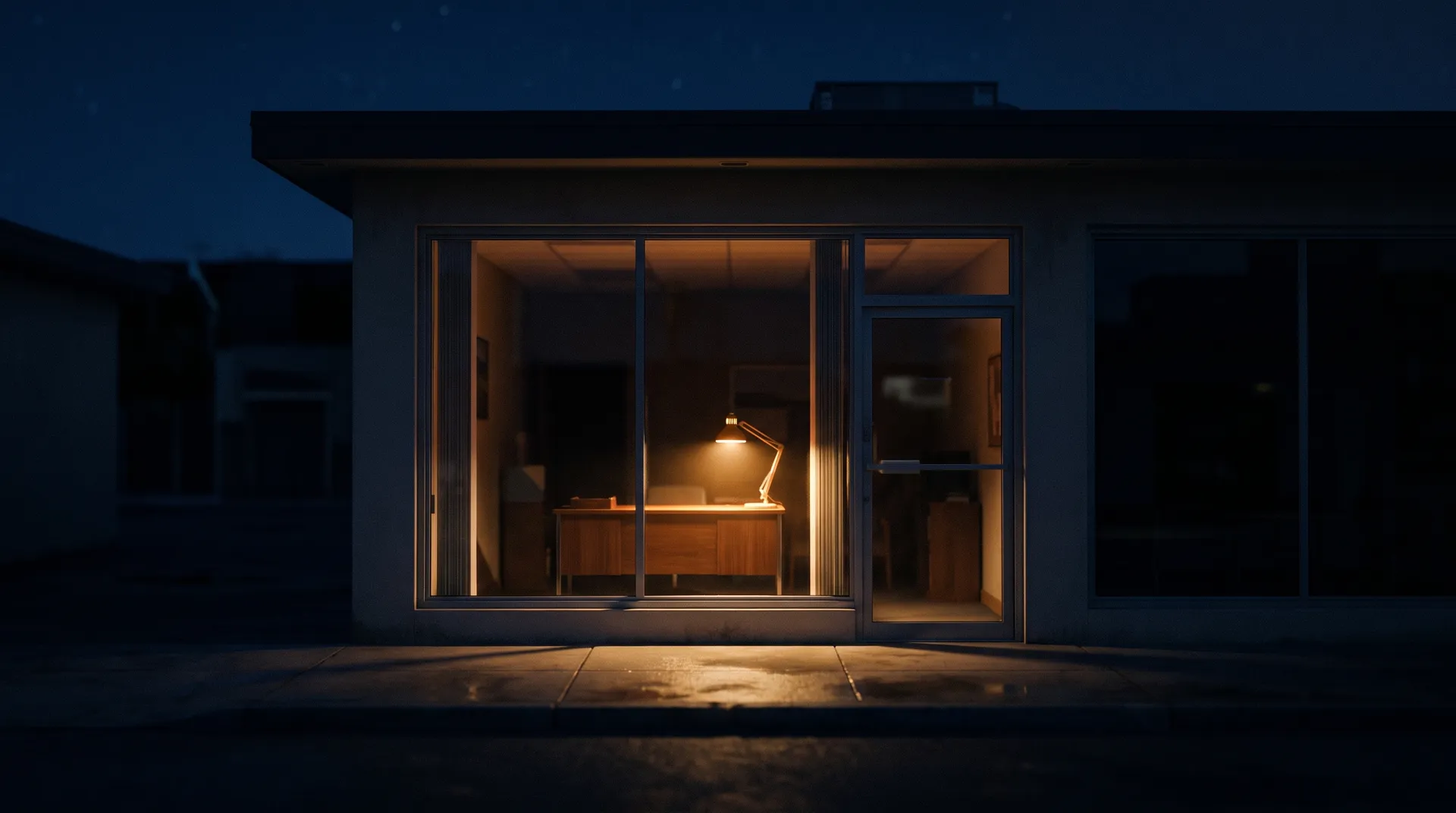 A small office storefront at night, dark except one desk lamp glowing warm over a single desk, its light spilling through the glass door onto the sidewalk